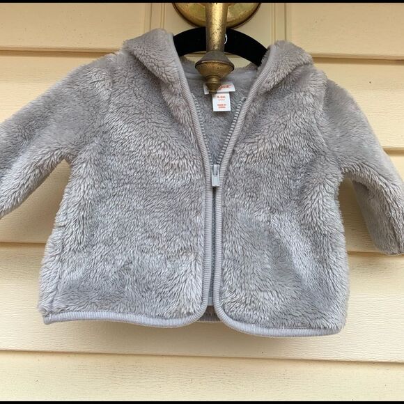 Cat & Jack grey fuzzy hooded with ears jacket, full zipper, adorable, 0-3 mon. - Picture 4 of 8
